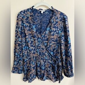 LUCKY BRAND Women’s Floral Faux Crossover Tie Waist Peplum Blouse Blue Medium